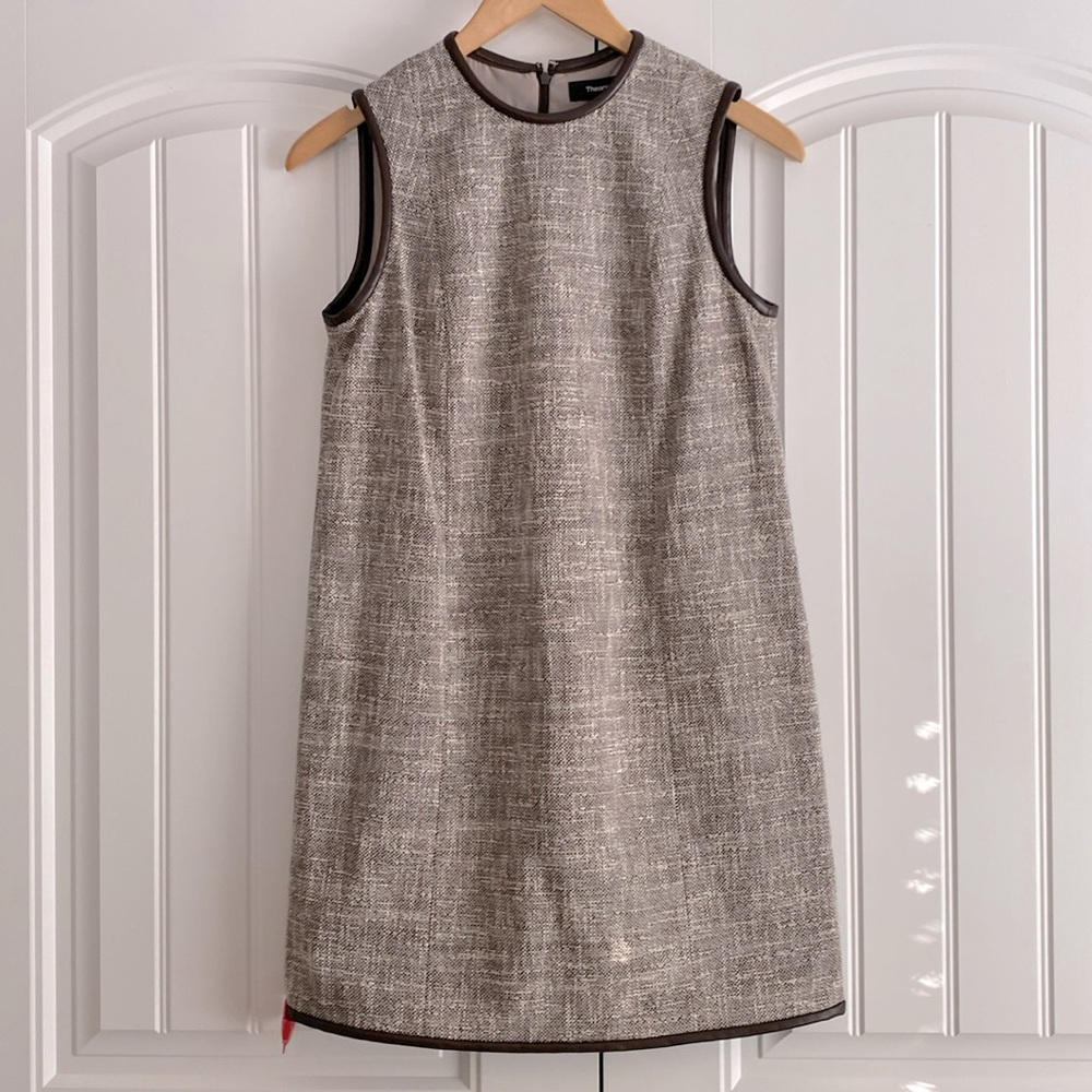 Theory NWT‎ Women's Tweed Dress Size 4 Brown Vegan Leather Sleeveless